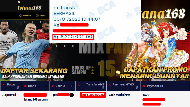 BUKTI KEMENANGAN WD MEMBER ISTANA168 IDR 8.200.000