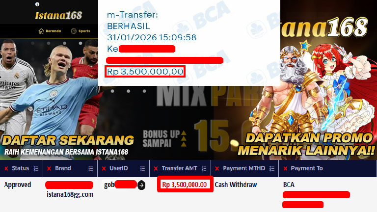 BUKTI KEMENANGAN WD MEMBER ISTANA168 IDR 3.500.000