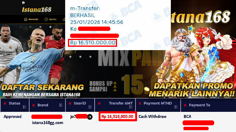 BUKTI KEMENANGAN WD MEMBER ISTANA168 IDR 16,510,000