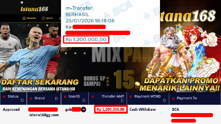 BUKTI KEMENANGAN WD MEMBER ISTANA168 IDR 1,200,000