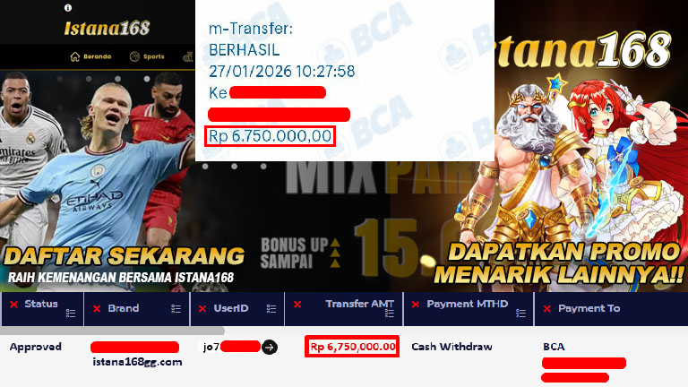BUKTI KEMENANGAN WD MEMBER ISTANA168 IDR 6,750,000