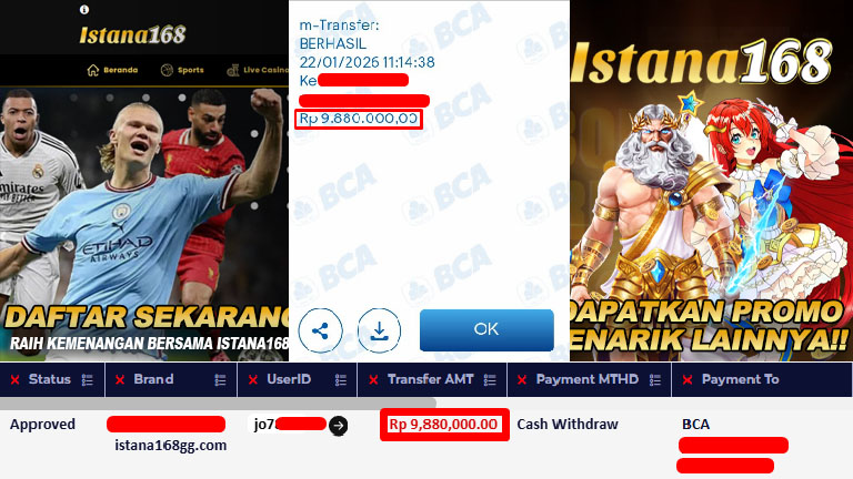 BUKTI KEMENANGAN WD MEMBER ISTANA168 IDR 9.880.000