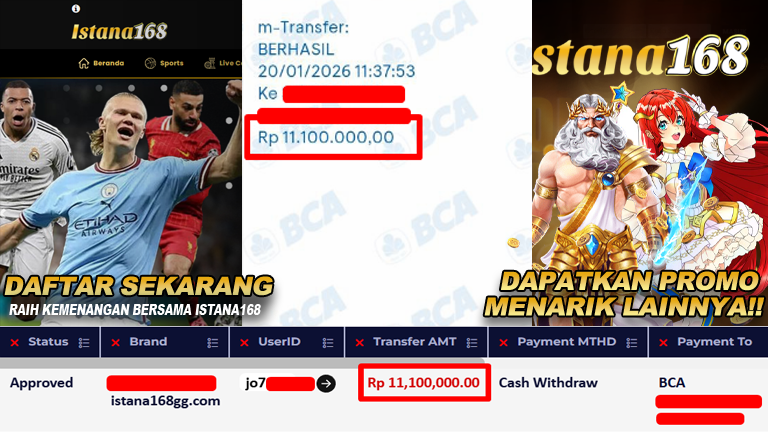 BUKTI KEMENANGAN WD MEMBER ISTANA168 IDR 11.100.000