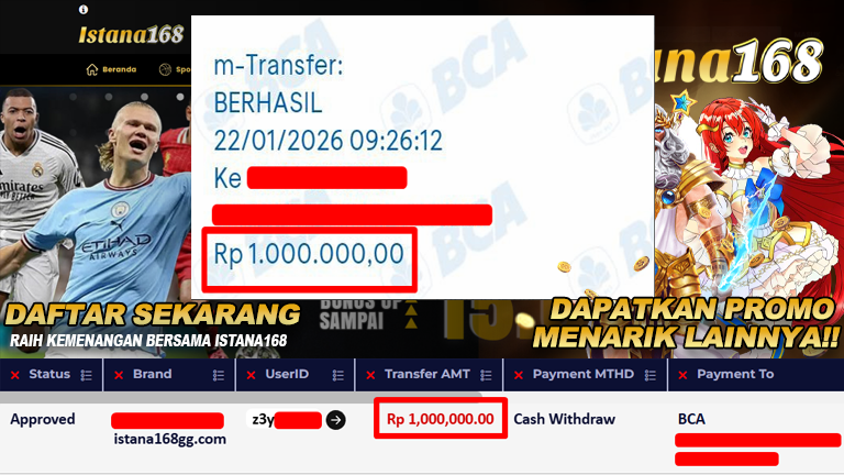 BUKTI KEMENANGAN WD MEMBER ISTANA168 IDR 1.000.000