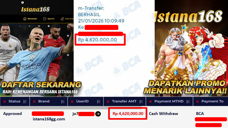 BUKTI KEMENANGAN WD MEMBER ISTANA168 IDR 4.620.000