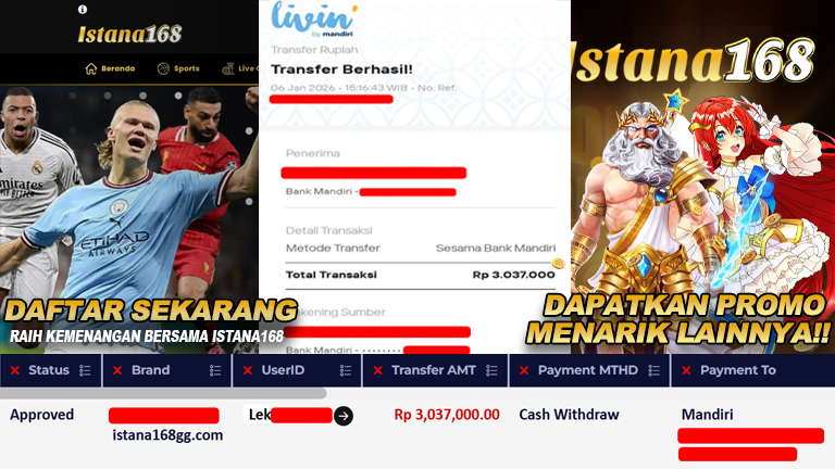 BUKTI KEMENANGAN WD MEMBER ISTANA168 IDR 3.037.000