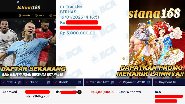 BUKTI KEMENANGAN WD MEMBER ISTANA168 IDR 5.000.000