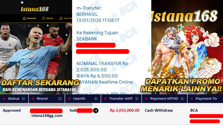 BUKTI KEMENANGAN WD MEMBER ISTANA168 IDR 2.033.000