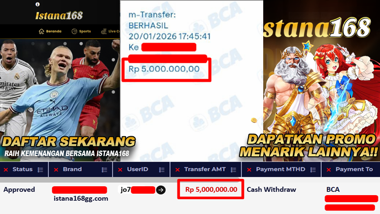 BUKTI KEMENANGAN WD MEMBER ISTANA168 IDR 5.000.000