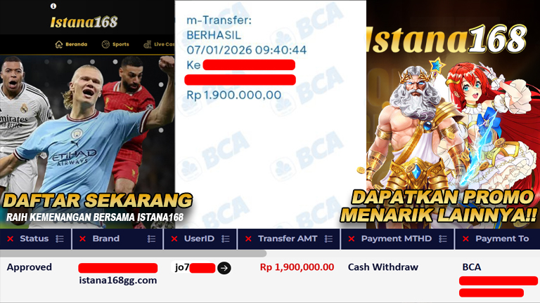 BUKTI KEMENANGAN WD MEMBER ISTANA168 IDR 1.900.000