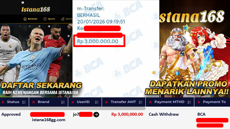 BUKTI KEMENANGAN WD MEMBER ISTANA168 IDR 3.000.000