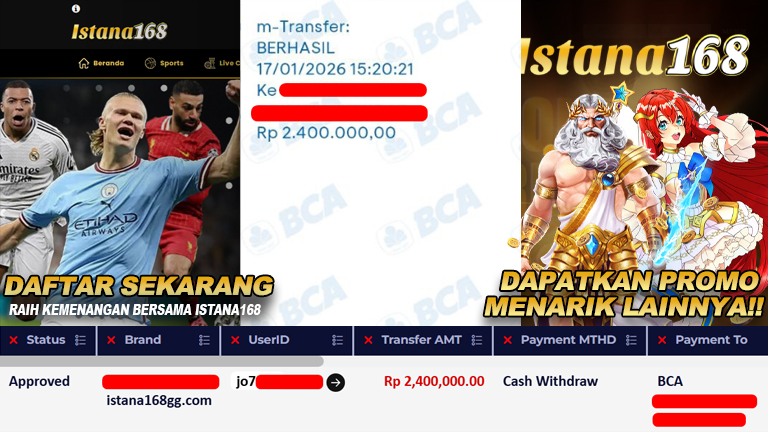 BUKTI KEMENANGAN WD MEMBER ISTANA168 IDR 2.400.000