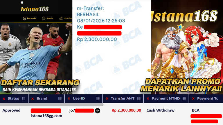 BUKTI KEMENANGAN WD MEMBER ISTANA168 IDR 2.300.000