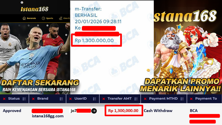 BUKTI KEMENANGAN WD MEMBER ISTANA168 IDR 1.300.000