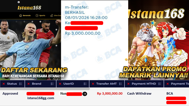 BUKTI KEMENANGAN WD MEMBER ISTANA168 IDR 3.000.000