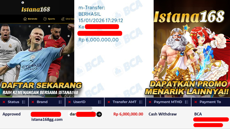 BUKTI KEMENANGAN WD MEMBER ISTANA168 IDR 6.000.000