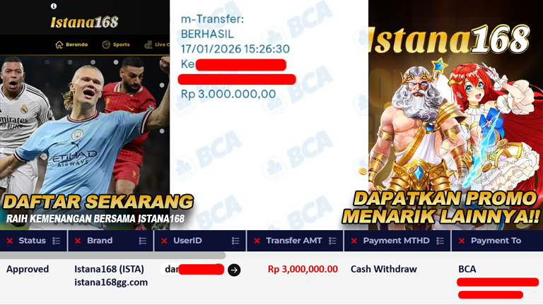 BUKTI KEMENANGAN WD MEMBER ISTANA168 IDR 3.000.000