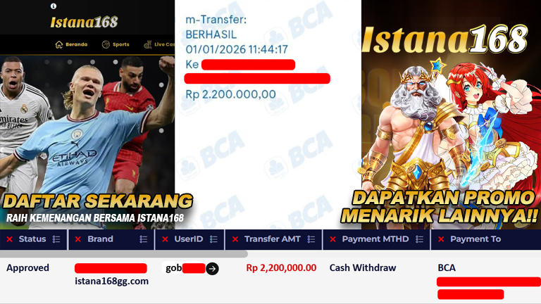 BUKTI KEMENANGAN WD MEMBER ISTANA168 IDR 2.200.000