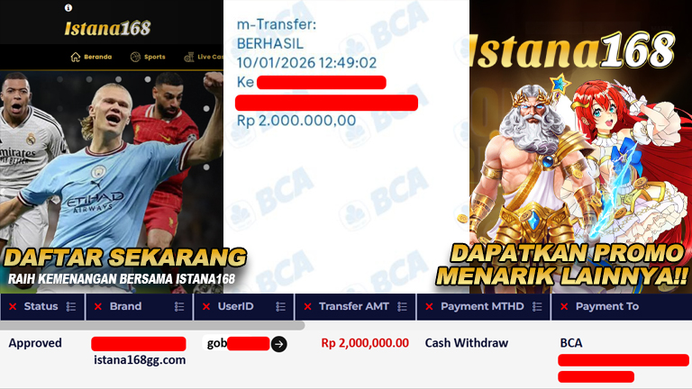 BUKTI KEMENANGAN WD MEMBER ISTANA168 IDR 2.000.000