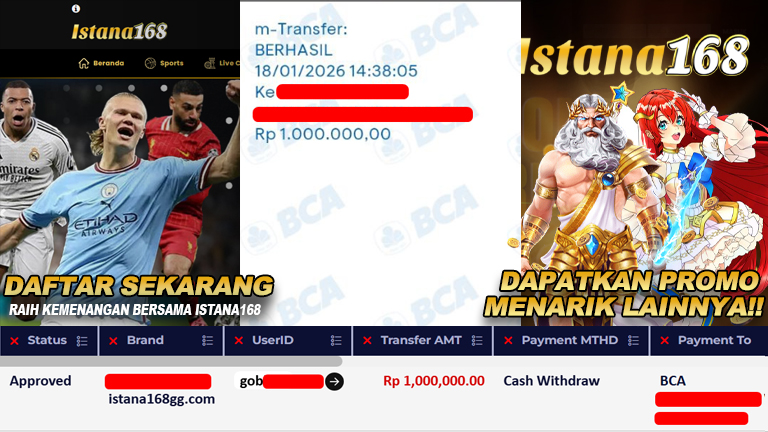 BUKTI KEMENANGAN WD MEMBER ISTANA168 IDR 1.000.000