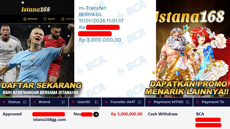 BUKTI KEMENANGAN WD MEMBER ISTANA168 IDR 3.000.000