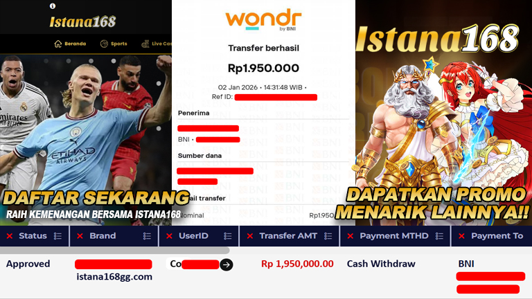 BUKTI KEMENANGAN WD MEMBER ISTANA168 IDR 1.950.000