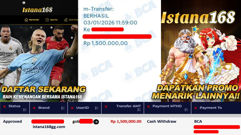 BUKTI KEMENANGAN WD MEMBER ISTANA168 IDR 1.500.000