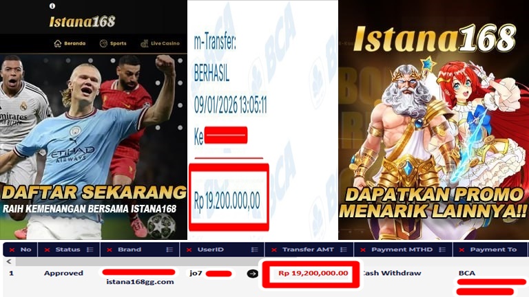 BUKTI KEMENANGAN WD MEMBER ISTANA168 IDR 19.200.000