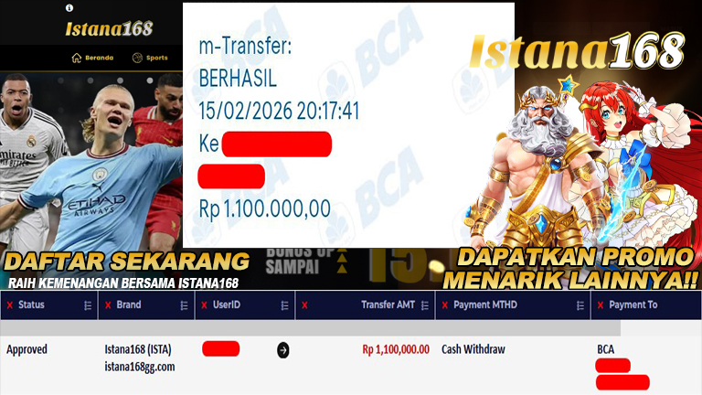 BUKTI KEMENANGAN WD MEMBER ISTANA168 IDR 1.100.000