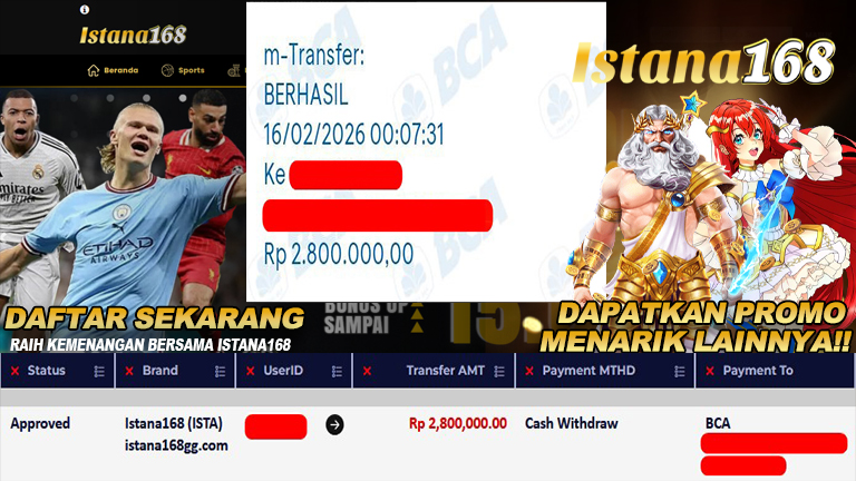 BUKTI KEMENANGAN WD MEMBER ISTANA168 IDR 2.800.000
