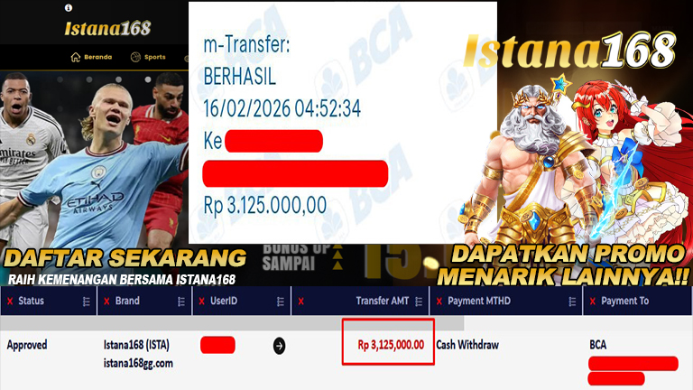 BUKTI KEMENANGAN WD MEMBER ISTANA168 IDR 3.125.000