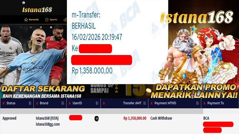 BUKTI KEMENANGAN WD MEMBER ISTANA168 IDR 1.358.000