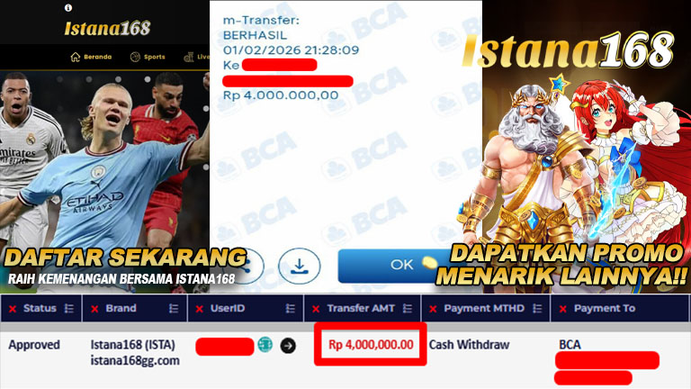 BUKTI KEMENANGAN WD MEMBER ISTANA168 IDR 4.000.000