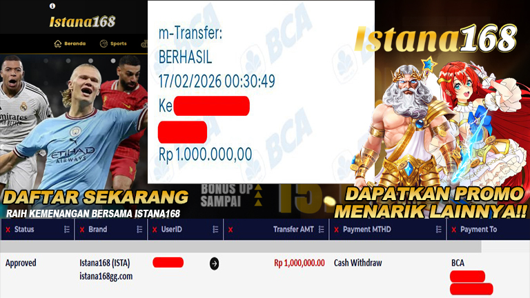 BUKTI KEMENANGAN WD MEMBER ISTANA168 IDR 1.000.000