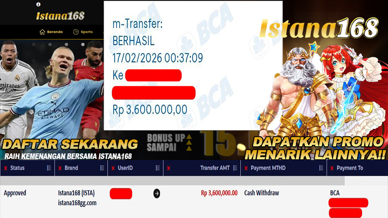 BUKTI KEMENANGAN WD MEMBER ISTANA168 IDR 3.600.000