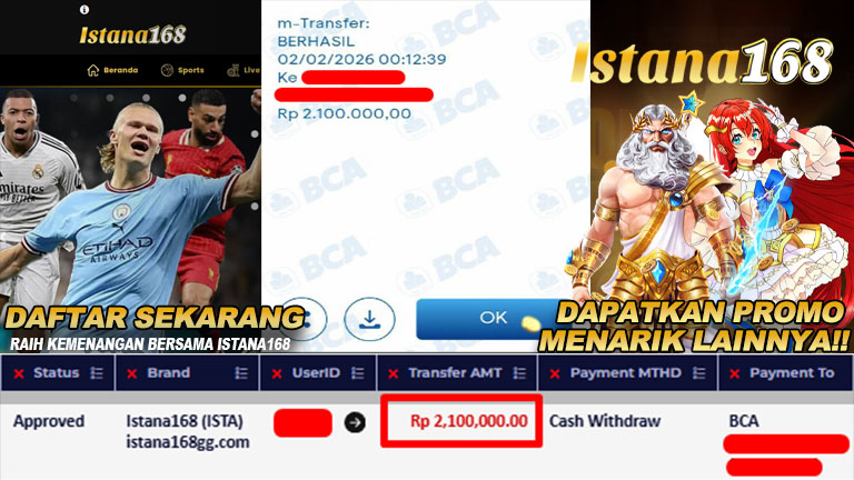 BUKTI KEMENANGAN WD MEMBER ISTANA168 IDR 2.100.000