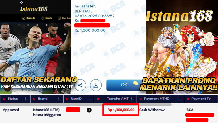 BUKTI KEMENANGAN WD MEMBER ISTANA168 IDR 1.300.000