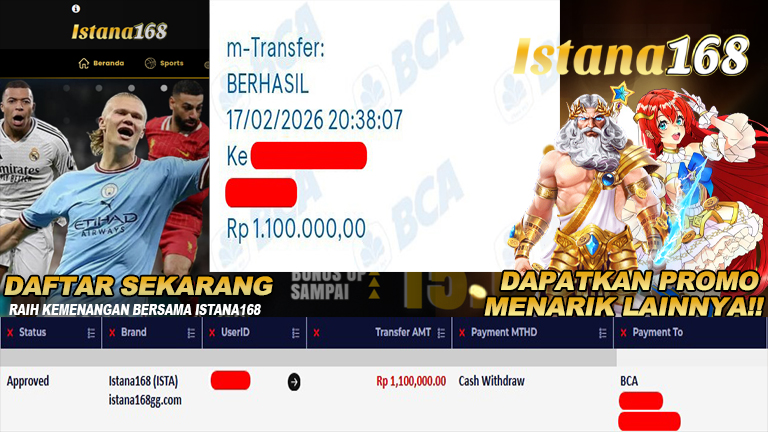 BUKTI KEMENANGAN WD MEMBER ISTANA168 IDR 1.100.000