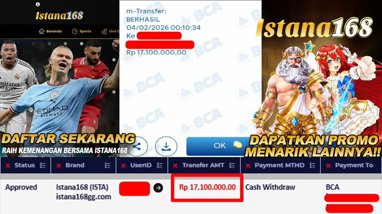 BUKTI KEMENANGAN WD MEMBER ISTANA168 IDR 17.100.000