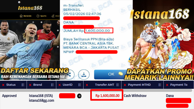 BUKTI KEMENANGAN WD MEMBER ISTANA168 IDR 1.600.000