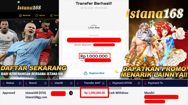 BUKTI KEMENANGAN WD MEMBER ISTANA168 IDR 1.000.000