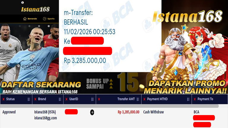 BUKTI KEMENANGAN WD MEMBER ISTANA168 IDR 3.285.000