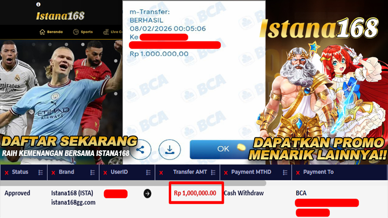 BUKTI KEMENANGAN WD MEMBER ISTANA168 IDR 1.000.000