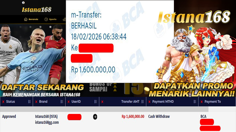 BUKTI KEMENANGAN WD MEMBER ISTANA168 IDR 1.600.000