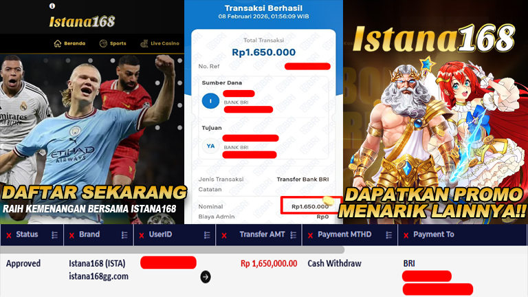 BUKTI KEMENANGAN WD MEMBER ISTANA168 IDR 1.650.000