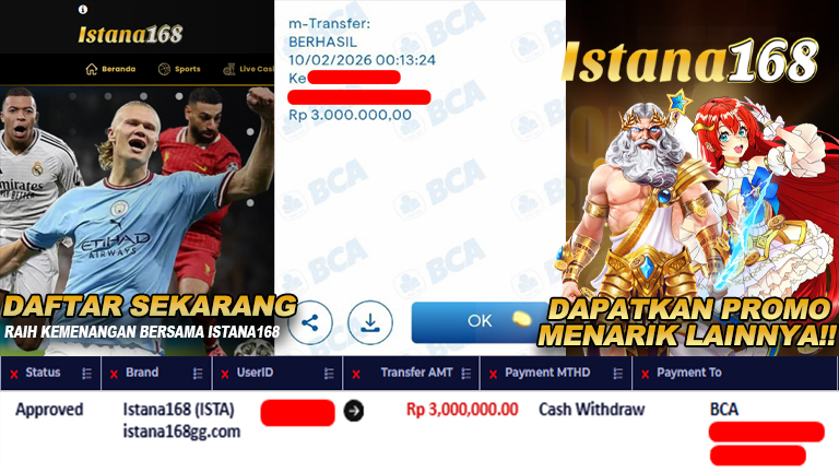 BUKTI KEMENANGAN WD MEMBER ISTANA168 IDR 3.000.000