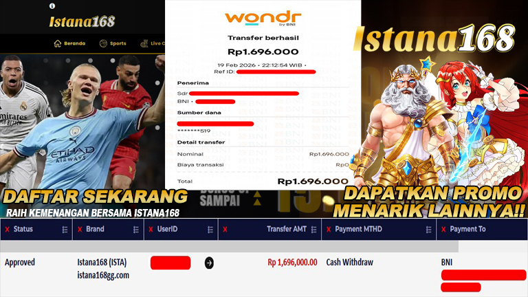 BUKTI KEMENANGAN WD MEMBER ISTANA168 IDR 1.696.000
