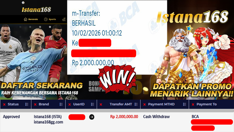BUKTI KEMENANGAN WD MEMBER ISTANA168 IDR 2.000.000