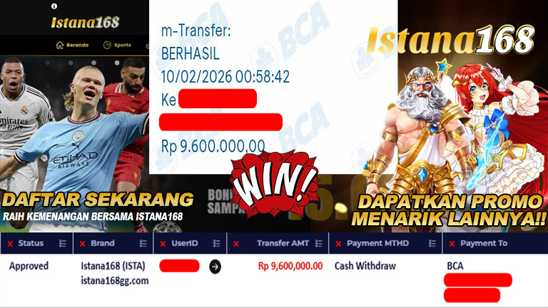 BUKTI KEMENANGAN WD MEMBER ISTANA168 IDR 9.600.000