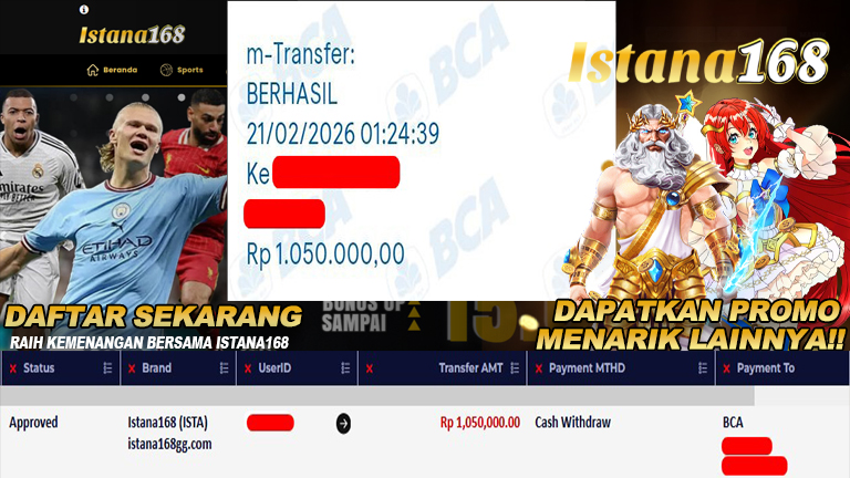 BUKTI KEMENANGAN WD MEMBER ISTANA168 IDR 1.050.000